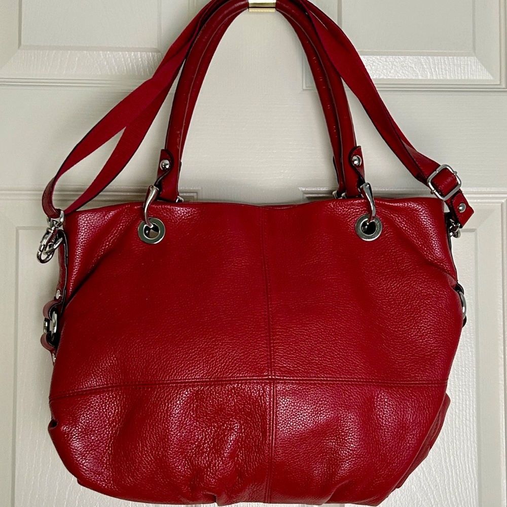 TIGNANELLO Red Pebble Leather Large 3 Way Convertible Satchel/Crossbody Bag EUC - Picture 2 of 13